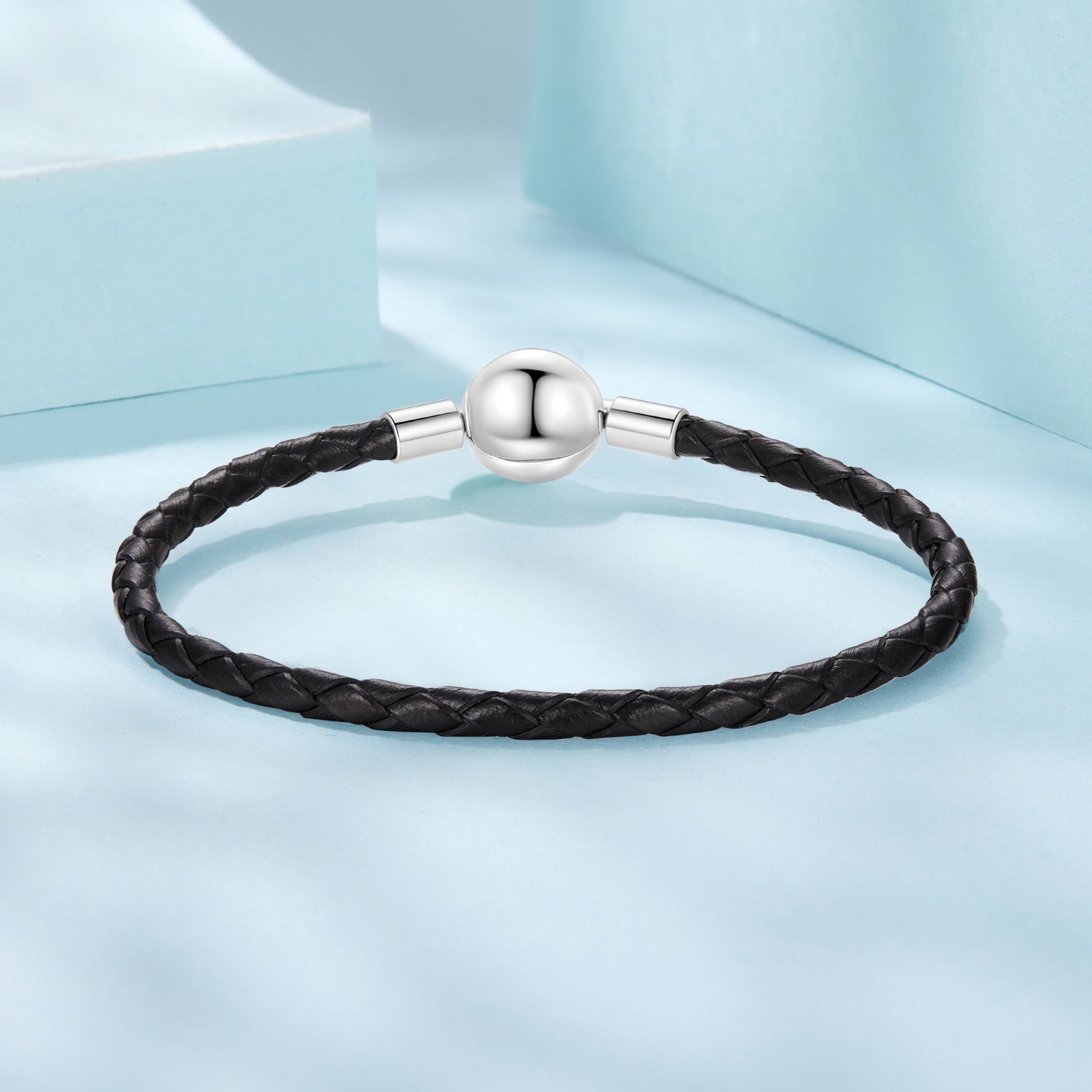 Bracelet 925 Sterling Silver Leather Rope, 17cm; black braided leather with ball clasp on Tampa Home & Garden Store
