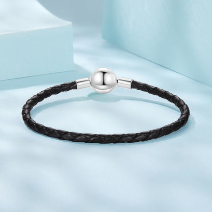 Bracelet 925 Sterling Silver Leather Rope, 17cm; black braided leather with ball clasp on Tampa Home & Garden Store