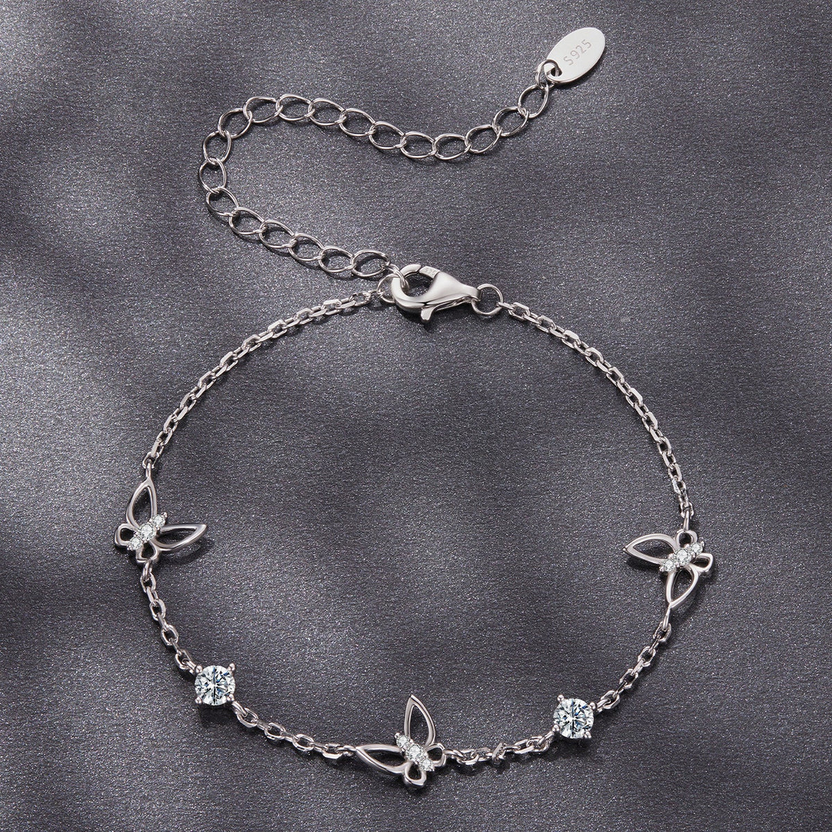 Bracelet 925 sterling silver white gold plated moissanite butterflies, adjustable 15+6 cm on Tampa Home & Garden Store