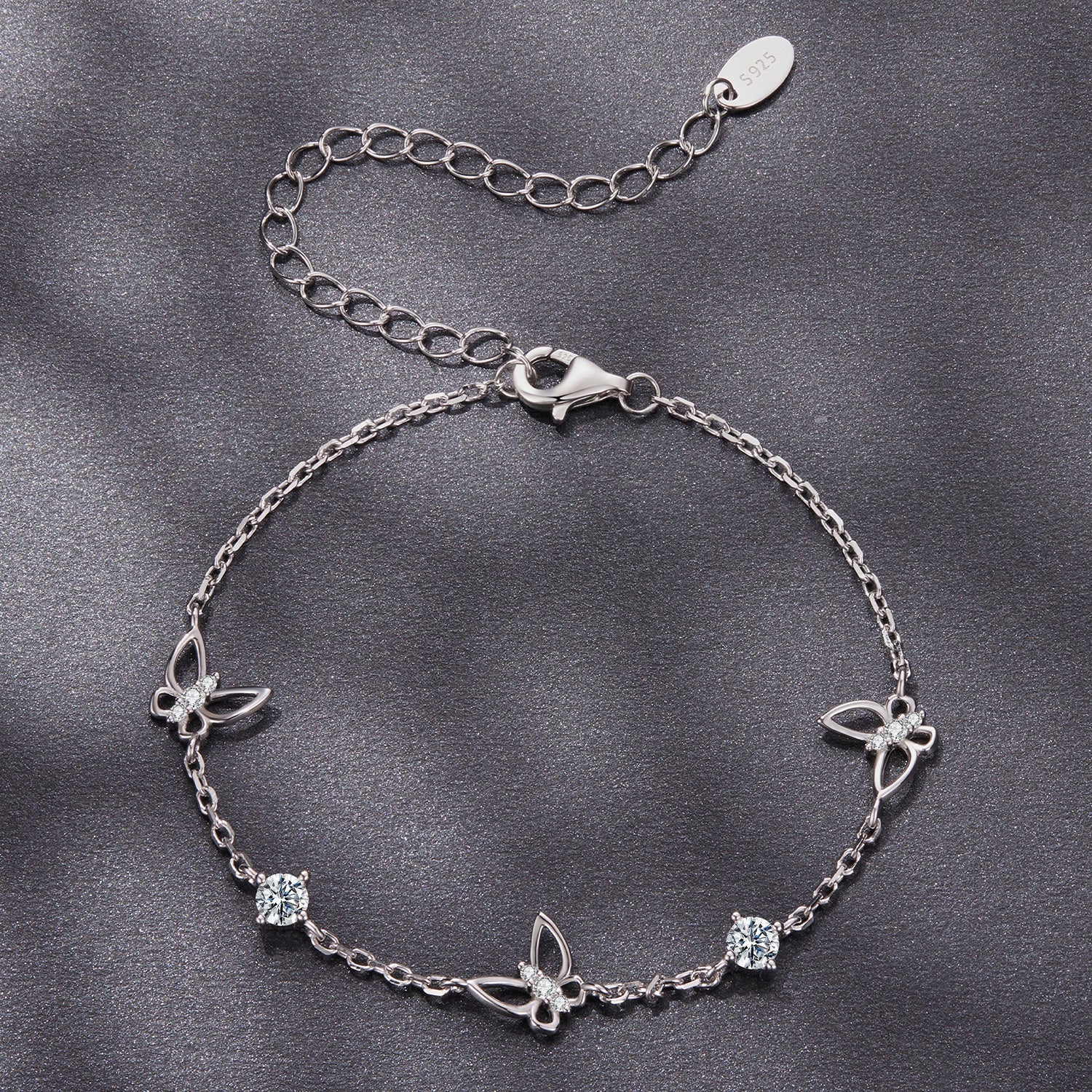 Bracelet 925 sterling silver white gold plated moissanite butterflies, adjustable 15+6 cm on Tampa Home & Garden Store