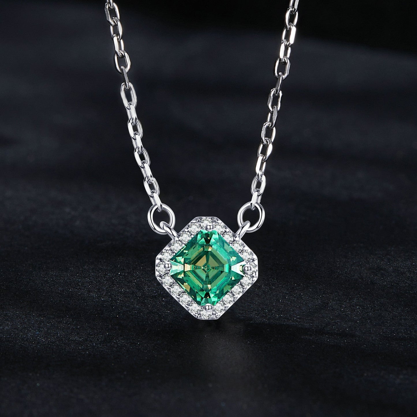 925 Sterling Silver moissanite pendant necklace with green square center stone and halo on Tampa Home & Garden Store