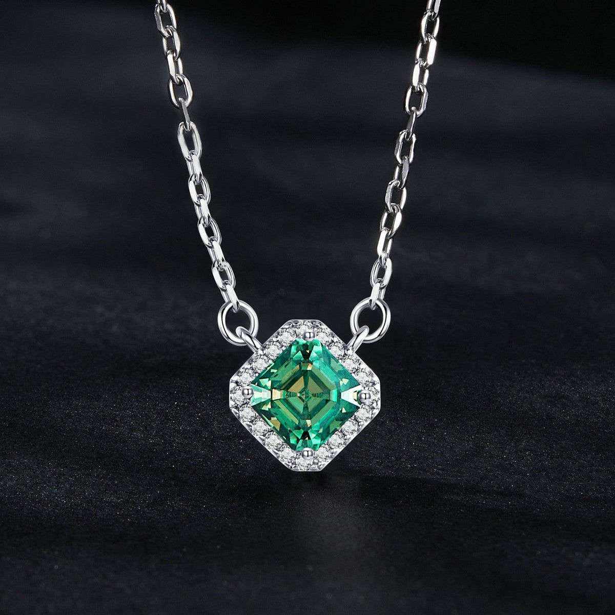 925 Sterling Silver moissanite pendant necklace with green square center stone and halo on Tampa Home & Garden Store