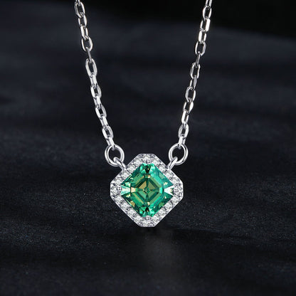 925 Sterling Silver moissanite pendant necklace with green square center stone and halo on Tampa Home & Garden Store