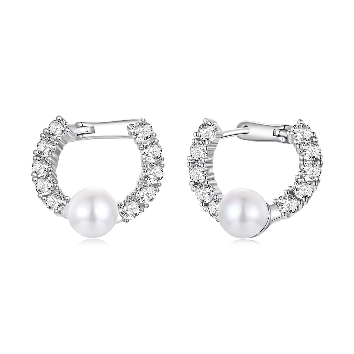 Hoop earrings 1.6cm silver white gold plated, synthetic pearl and crystals by Bids.com on Tampa Home & Garden Store