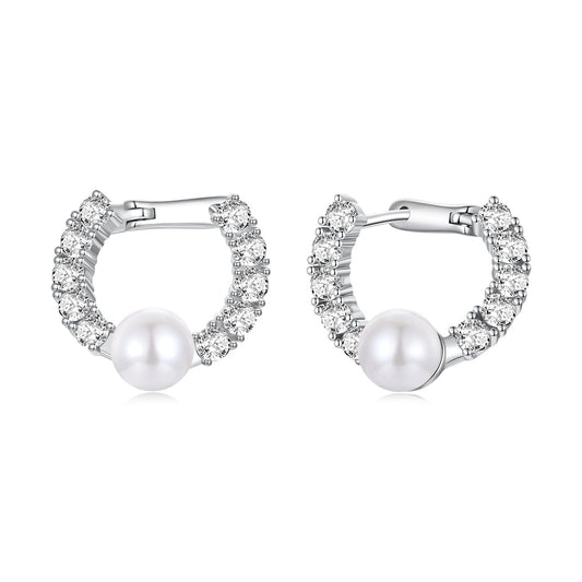 Hoop earrings 1.6cm silver white gold plated, synthetic pearl and crystals by Bids.com on Tampa Home & Garden Store