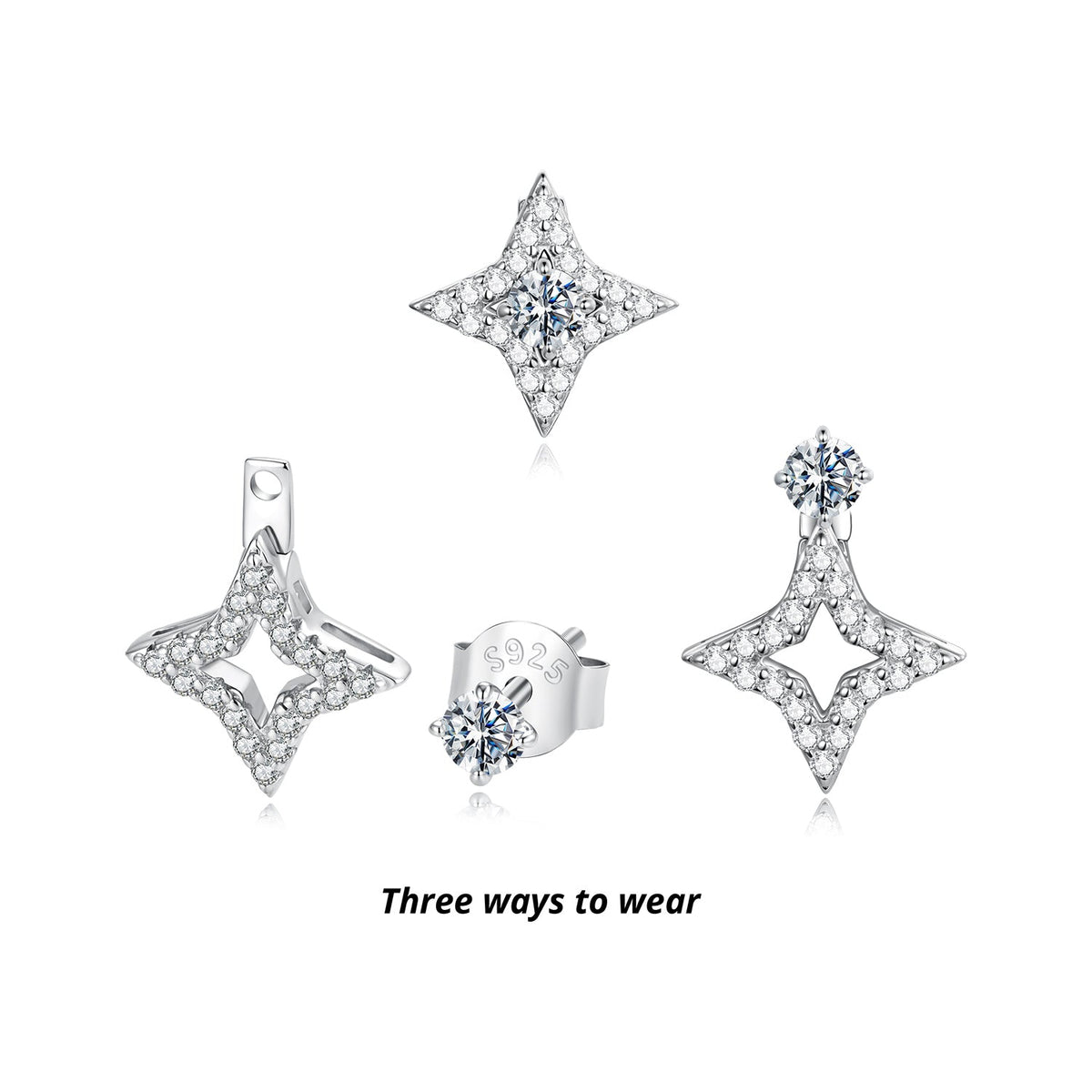 Starburst sterling silver moissanite stud earrings, 0.1ct center stone, pave accents on Tampa Home & Garden Store