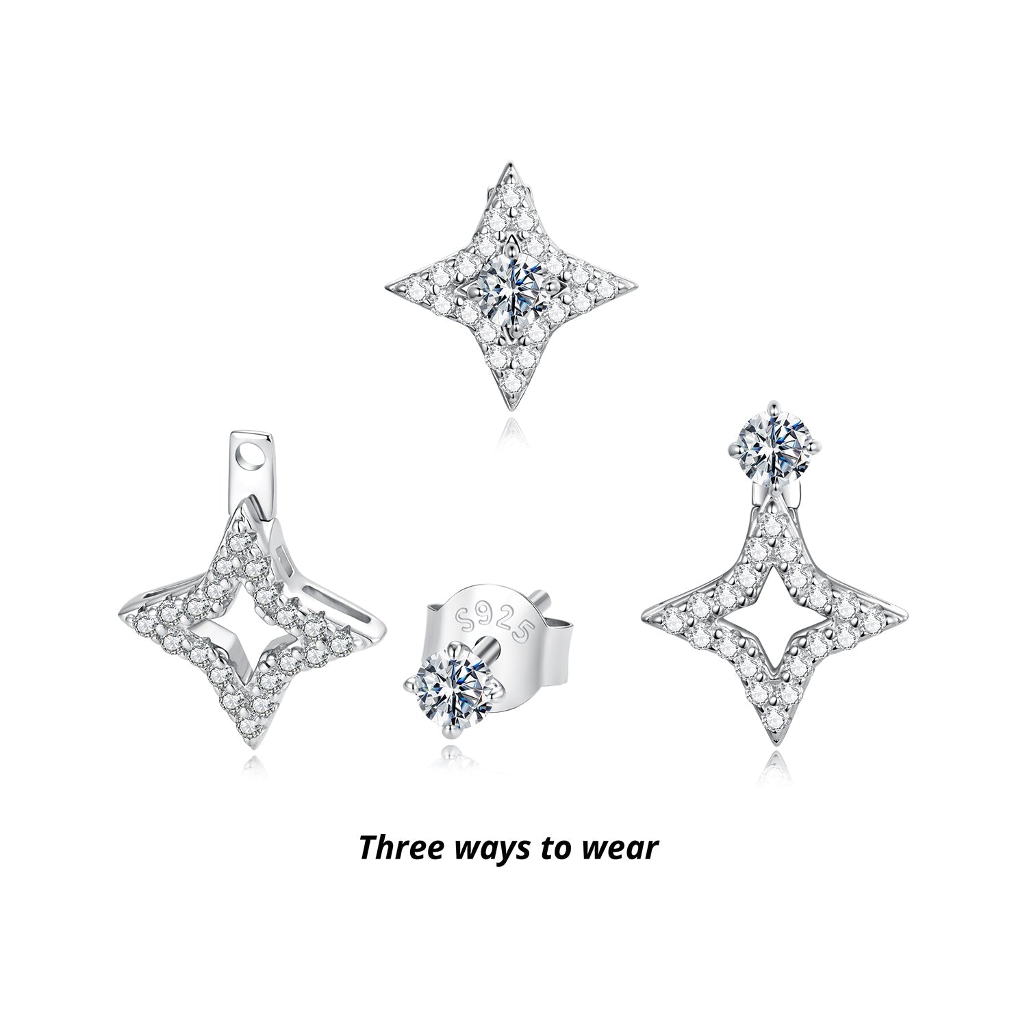 Starburst sterling silver moissanite stud earrings, 0.1ct center stone, pave accents on Tampa Home & Garden Store