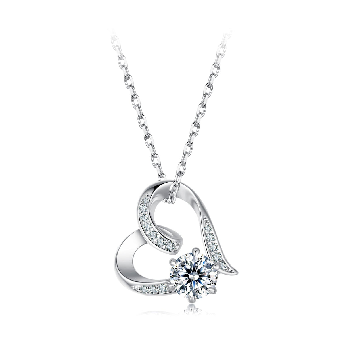 Sterling silver moissanite necklace with white gold plated pendant and curved loops around stone on Tampa Home & Garden Store