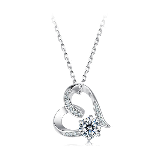 Sterling silver moissanite necklace with white gold plated pendant and curved loops around stone on Tampa Home & Garden Store