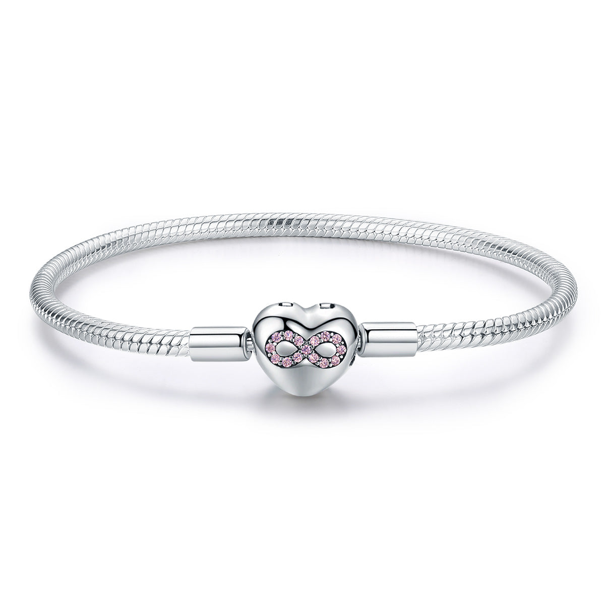 925 Sterling Silver Bracelet 17.0cm for Women with heart charm and pink infinity crystals on Tampa Home & Garden Store
