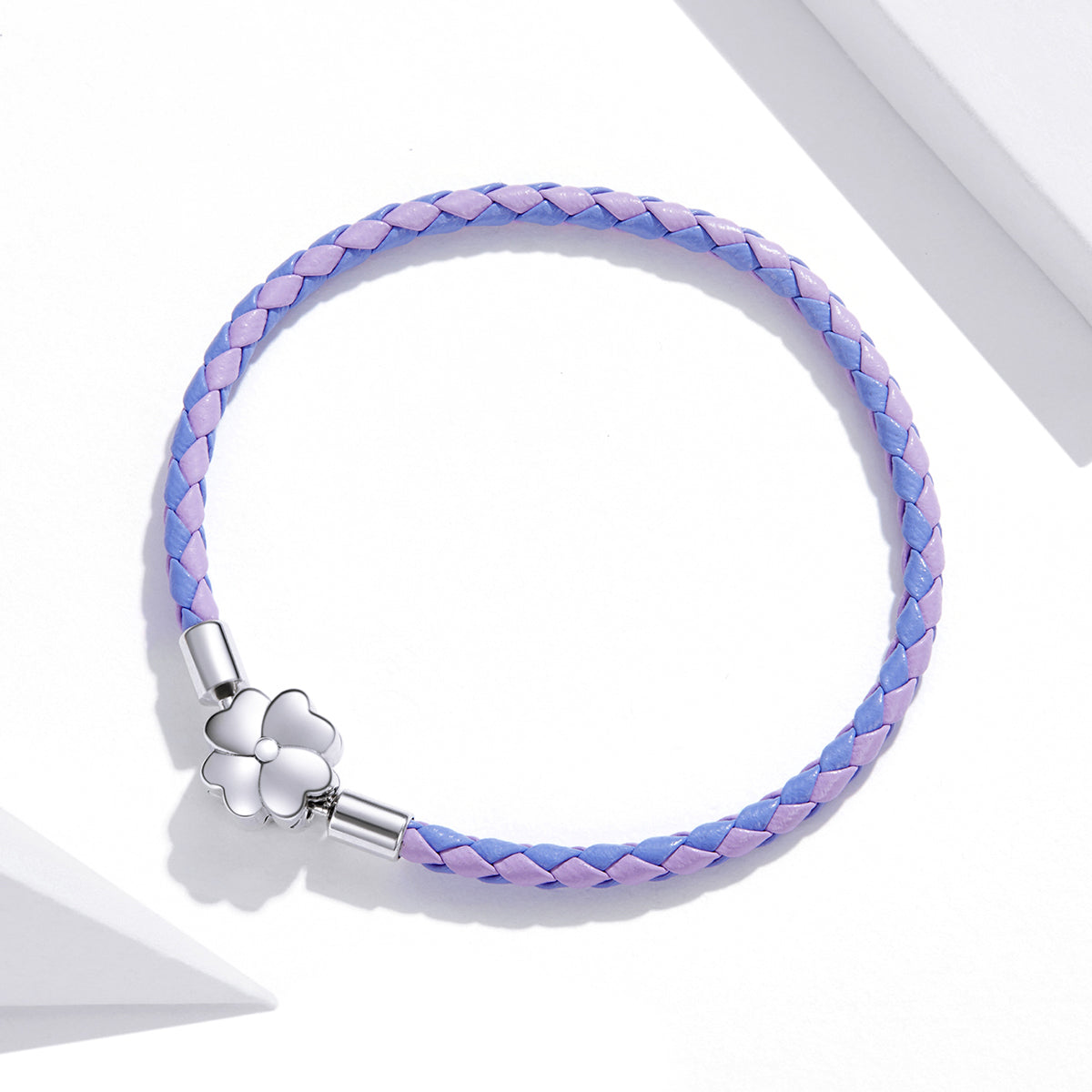 Bracelet braided lavender and purple leather with oxidized sterling silver flower charm 17cm on Tampa Home & Garden Store