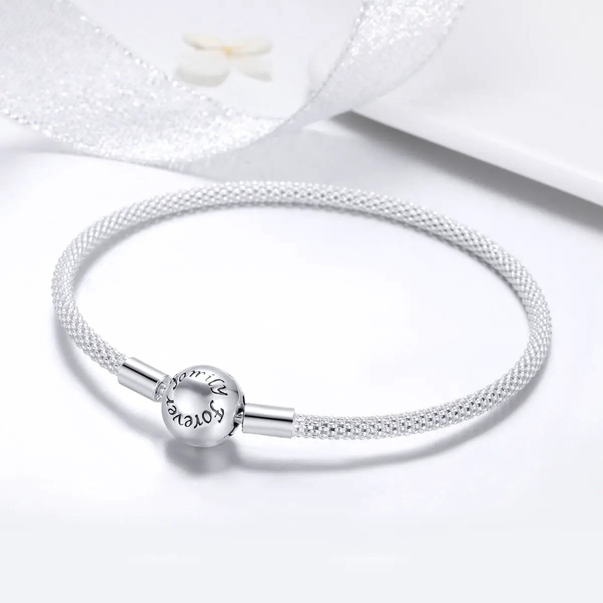 Sterling silver SCB bracelet with round engraved clasp and mesh chain, 17 cm on Tampa Home & Garden Store