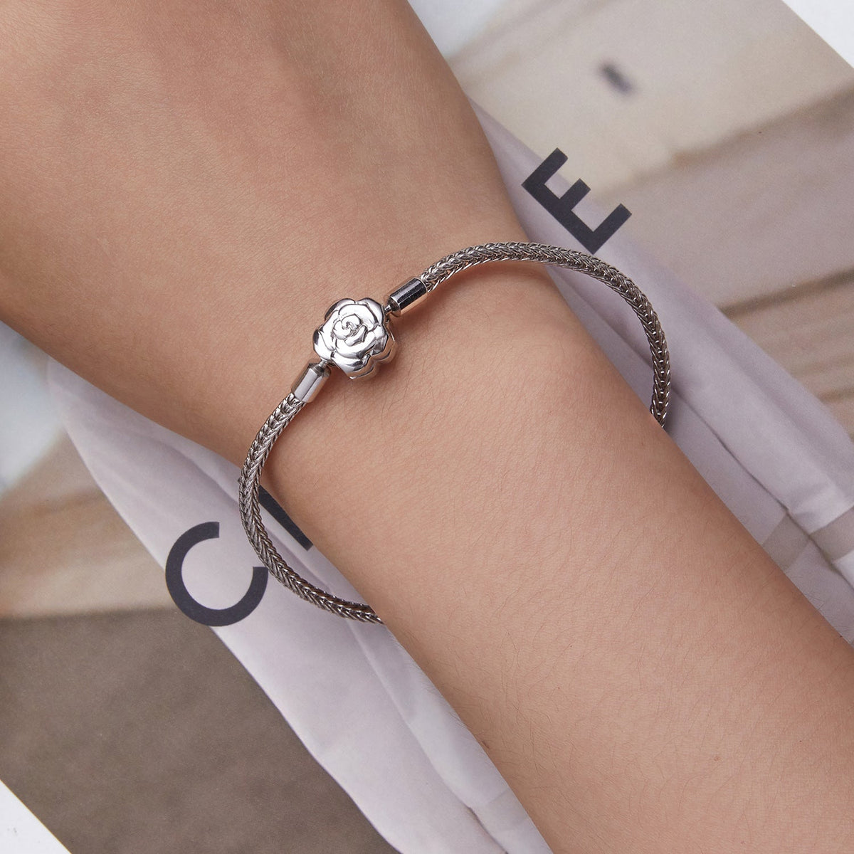 Sterling silver women's bracelet with pave CZ rose charm, 17cm by Bids.com on Tampa Home & Garden Store