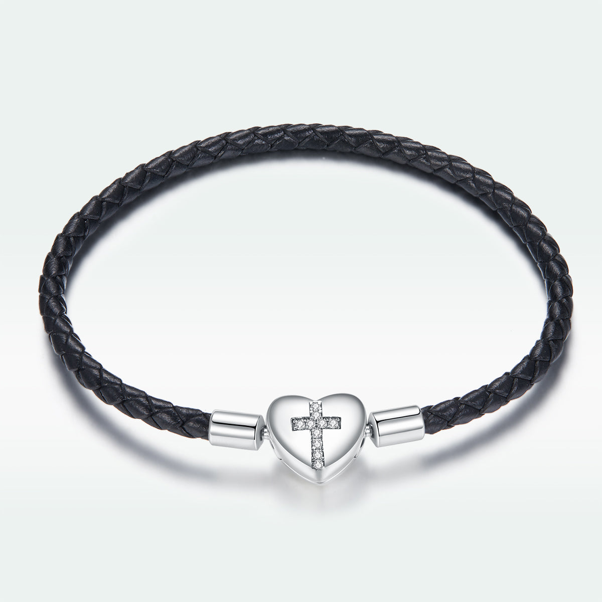 925 Silver leather bracelet with oxidized CZ heart clasp, black braided strap by Bids.com on Tampa Home & Garden Store