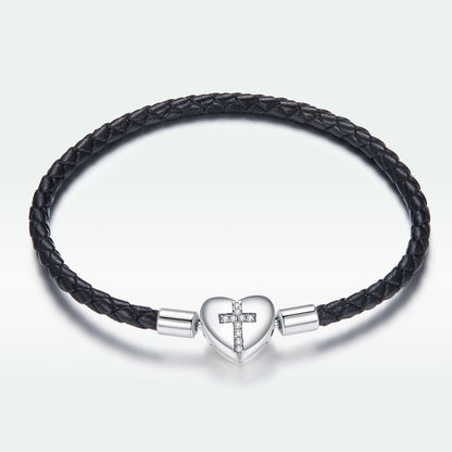 925 Silver leather bracelet with oxidized CZ heart clasp, black braided strap by Bids.com on Tampa Home & Garden Store