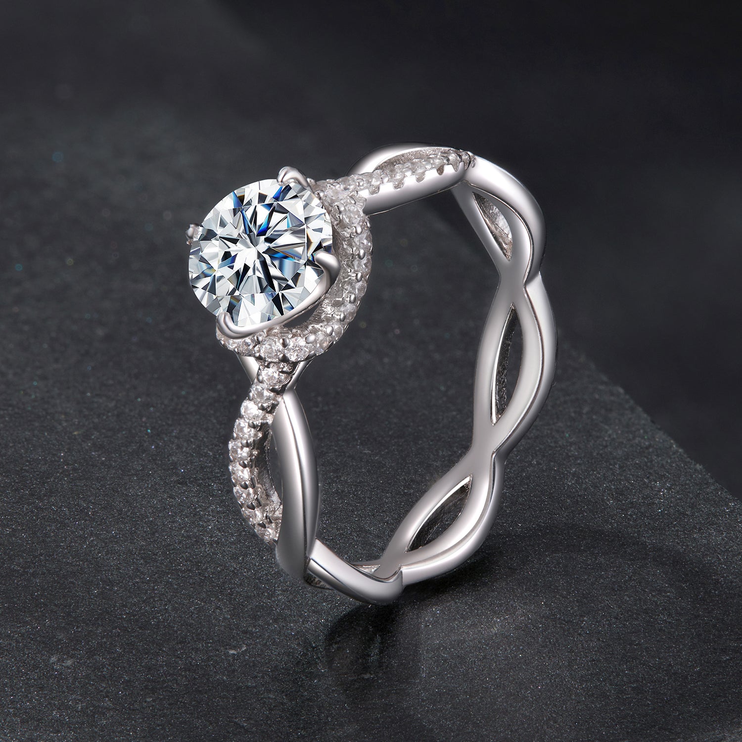 925 sterling silver moissanite ring size 7 with pave halo around center stone and twisted band on Tampa Home & Garden Store