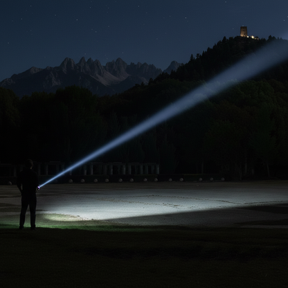 Rechargeable LED Flashlight Moktan Sabai handheld torch with zoomable beam and LCD display on Tampa Home & Garden Store