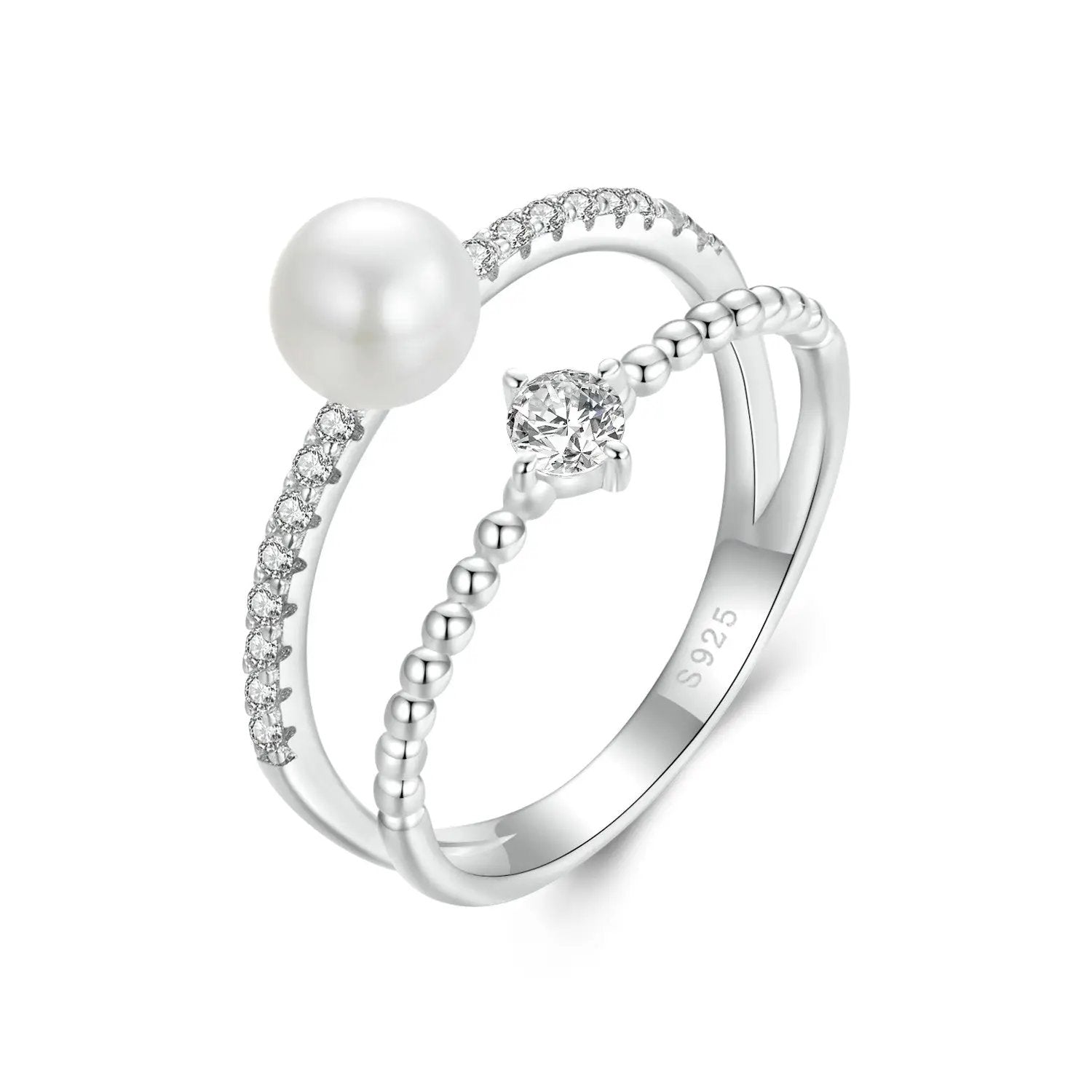 3-ring set in 925 silver featuring freshwater pearl and solitaire moissanite gemstone by Bids.com on Tampa Home & Garden Store