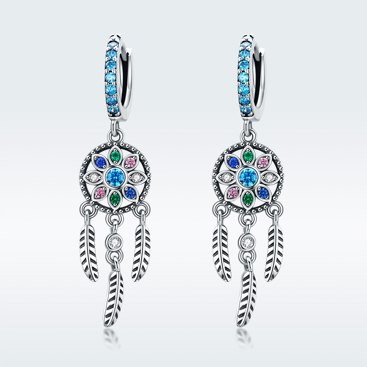 925 Silver oxidized pavé CZ earrings for women with blue stone and feather charms, 4x1 cm pair on Tampa Home & Garden Store