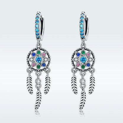 925 Silver oxidized pavé CZ earrings for women with blue stone and feather charms, 4x1 cm pair on Tampa Home & Garden Store