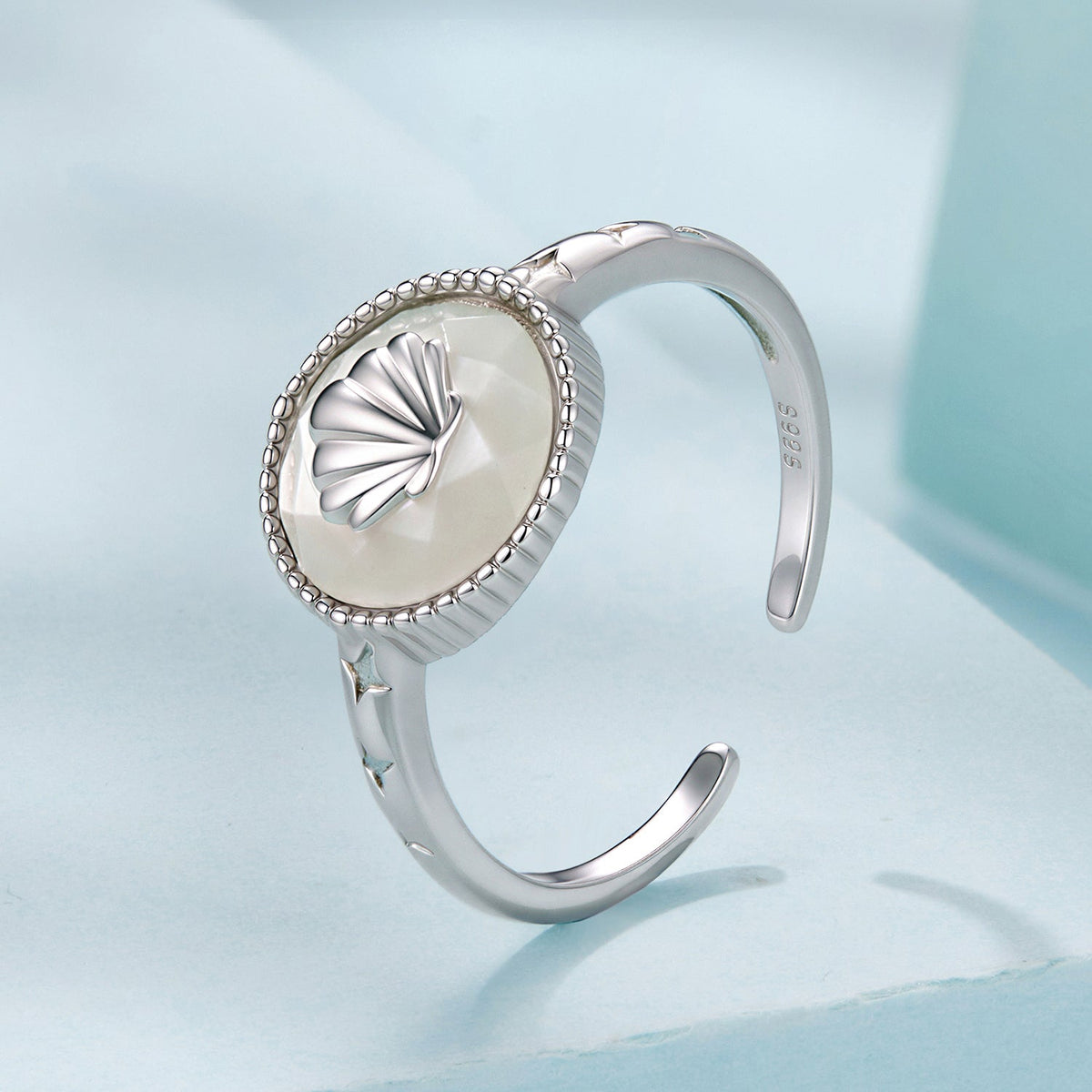 Ring, 925 sterling silver with white gold plating, nacre shell pendant, Style E bead-edge bezel on Tampa Home & Garden Store