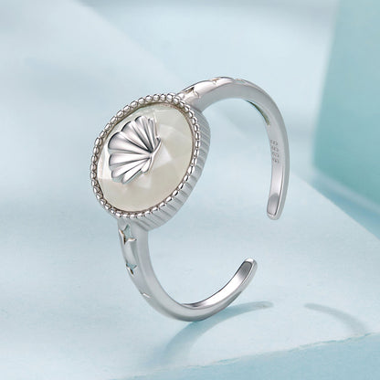 Ring, 925 sterling silver with white gold plating, nacre shell pendant, Style E bead-edge bezel on Tampa Home & Garden Store