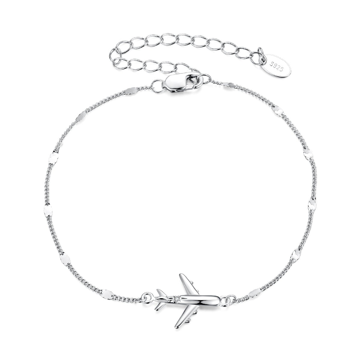 Bracelet 925 Sterling Silver white gold plated with CZ airplane pendant, 16+5cm, Bids.com on Tampa Home & Garden Store