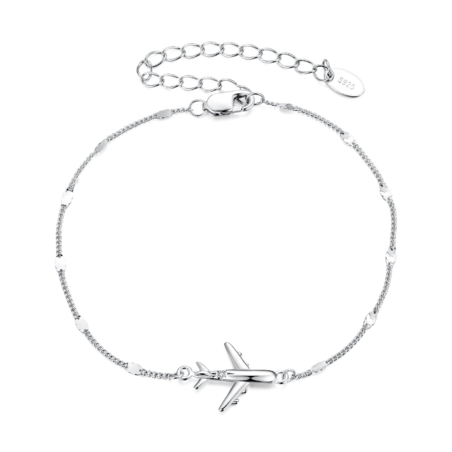 Bracelet 925 Sterling Silver white gold plated with CZ airplane pendant, 16+5cm, Bids.com on Tampa Home & Garden Store