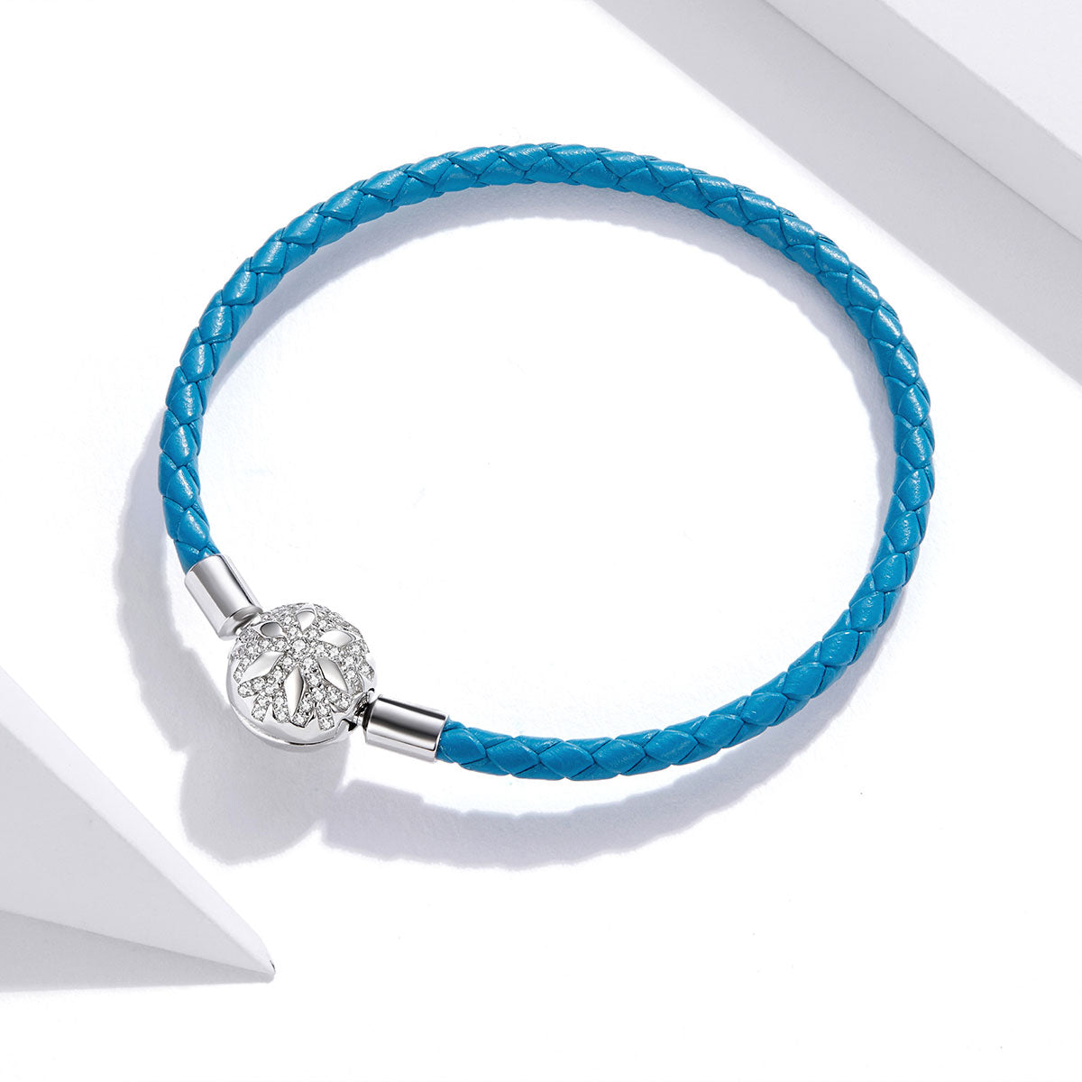 Bracelet blue braided leather with pavé CZ ball charm, silver end caps, size 19.0 on Tampa Home & Garden Store