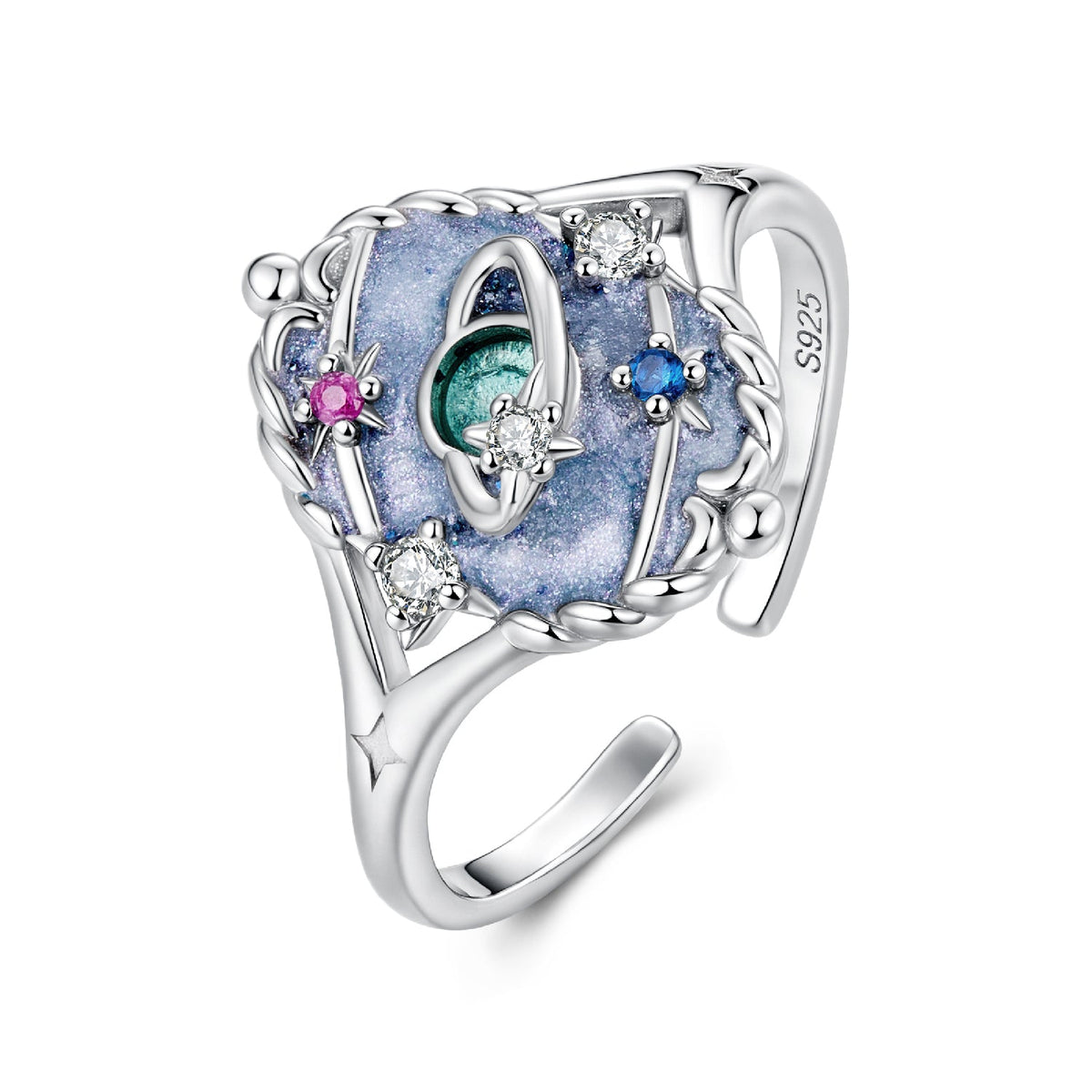 Sterling silver ring with galaxy blue enamel and CZ accents S925 stamped inner band on Tampa Home & Garden Store
