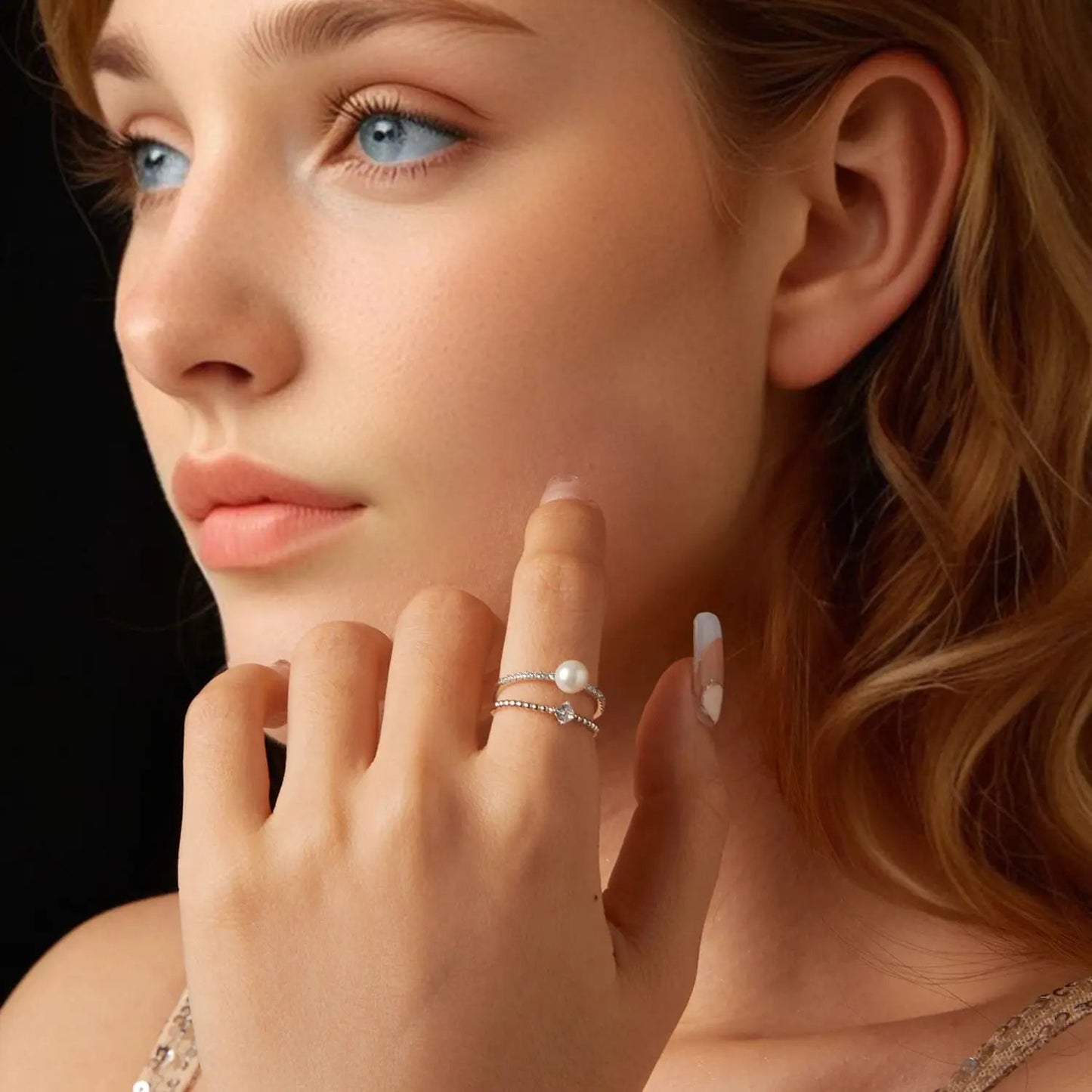 925 sterling silver moissanite freshwater pearl three-ring set, size 6, women's jewelry on Tampa Home & Garden Store