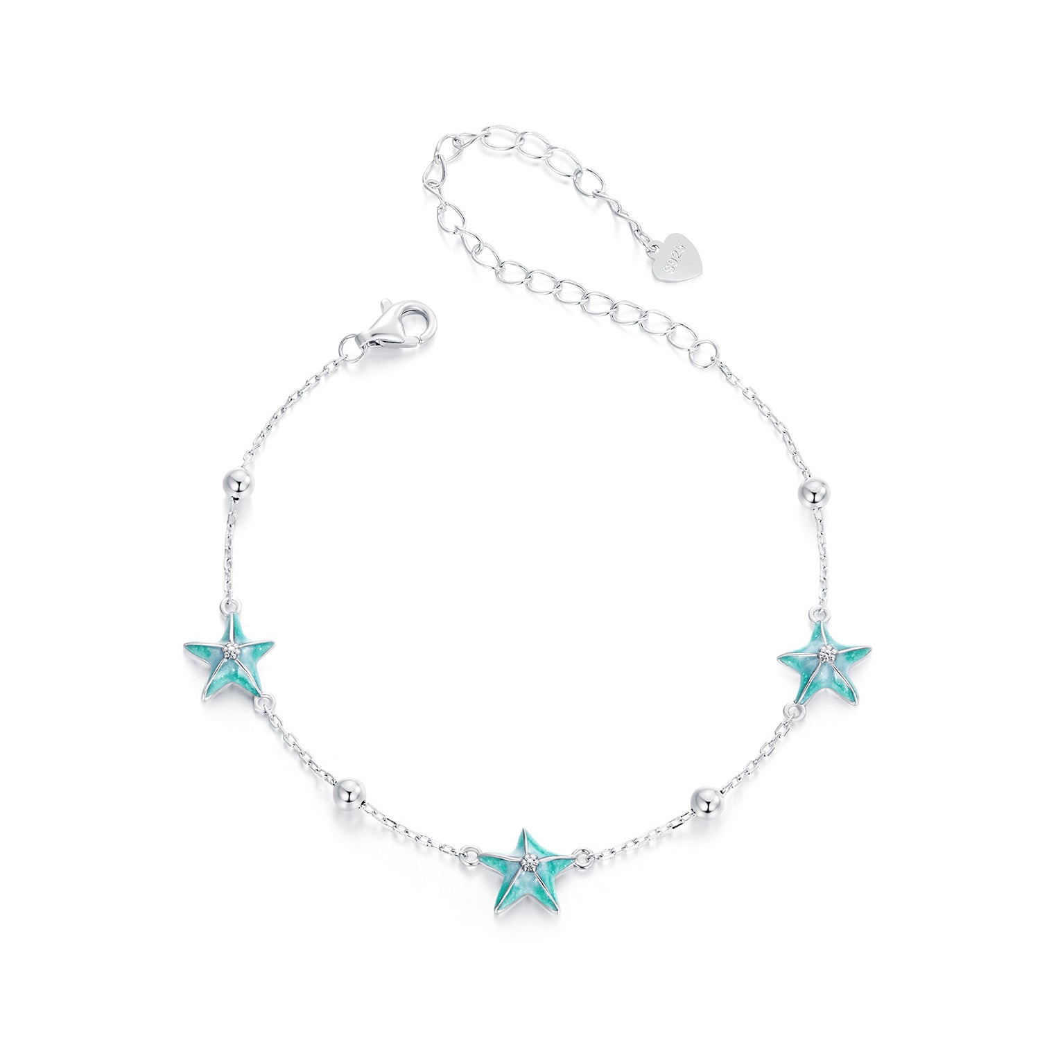 Bracelet 925 sterling silver starfish enamel with turquoise charms, three turquoise starfish along a delicate chain with extender on Tampa Home & Garden Store