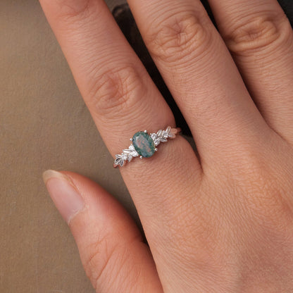 Ring 925 Sterling Silver Agate and CZ with green oval gem and leaf accents, size 6 by Bids.com on Tampa Home & Garden Store