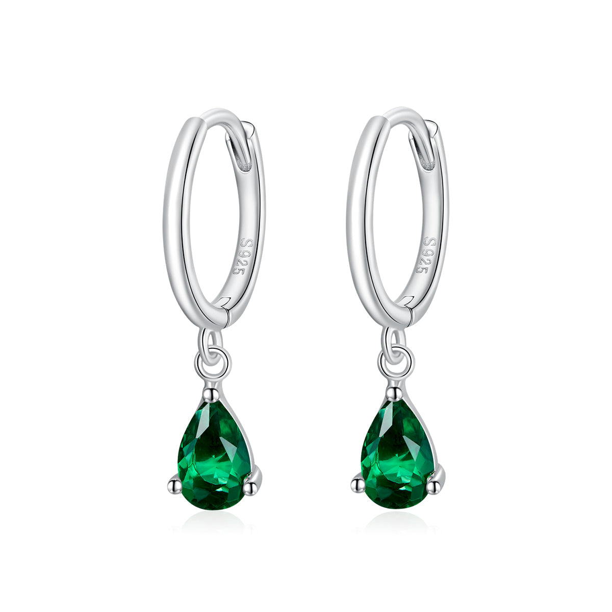 Pair of 925 Sterling Silver hoop earrings with emerald-green teardrop stones on Tampa Home & Garden Store