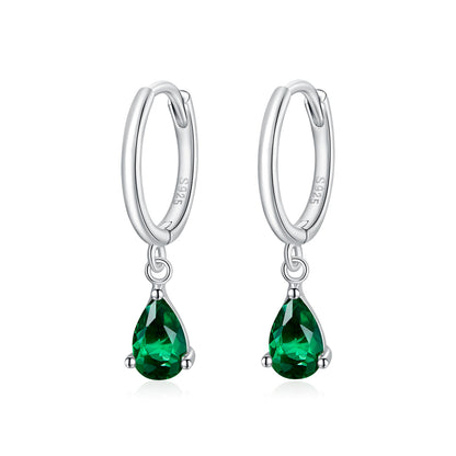 Pair of 925 Sterling Silver hoop earrings with emerald-green teardrop stones on Tampa Home & Garden Store