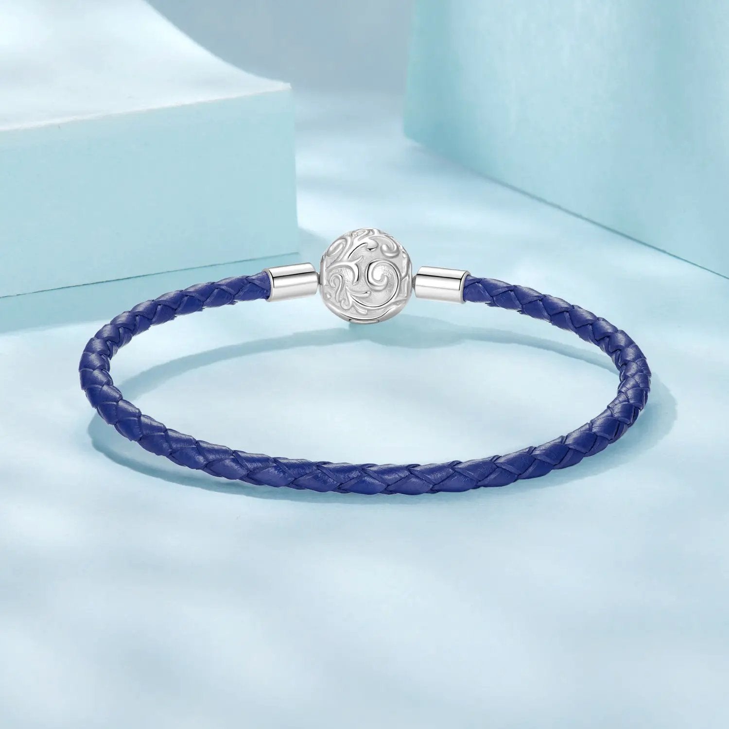Sterling silver leather rope bracelet 17cm with oxidized clasp on blue braided cord on Tampa Home & Garden Store