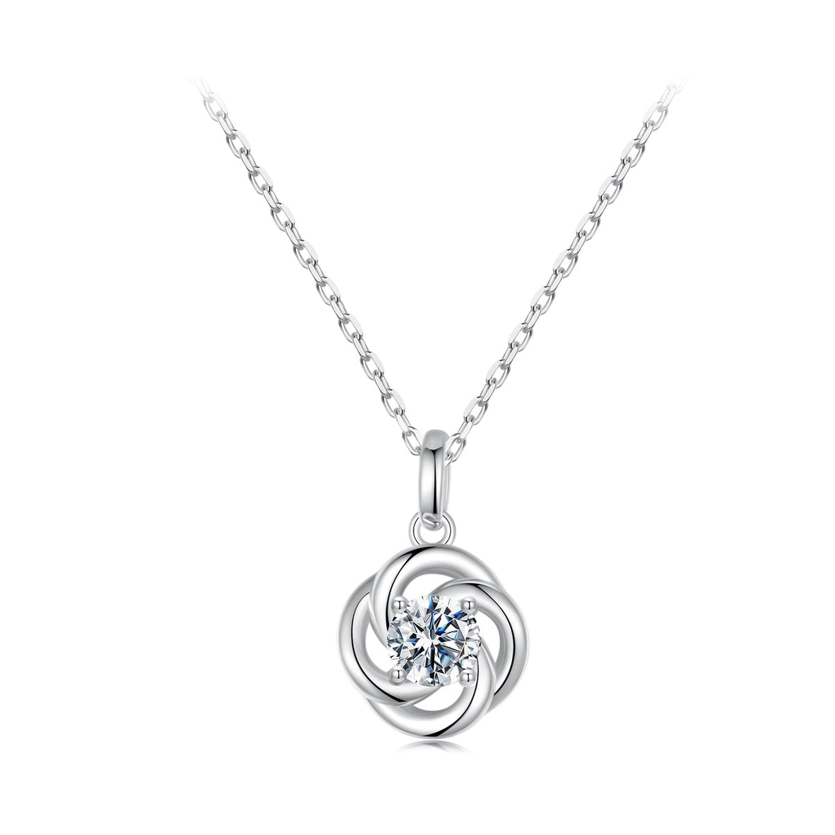 Sterling silver moissanite necklace, 0.5ct, white gold plated, circular twisted setting on Tampa Home & Garden Store