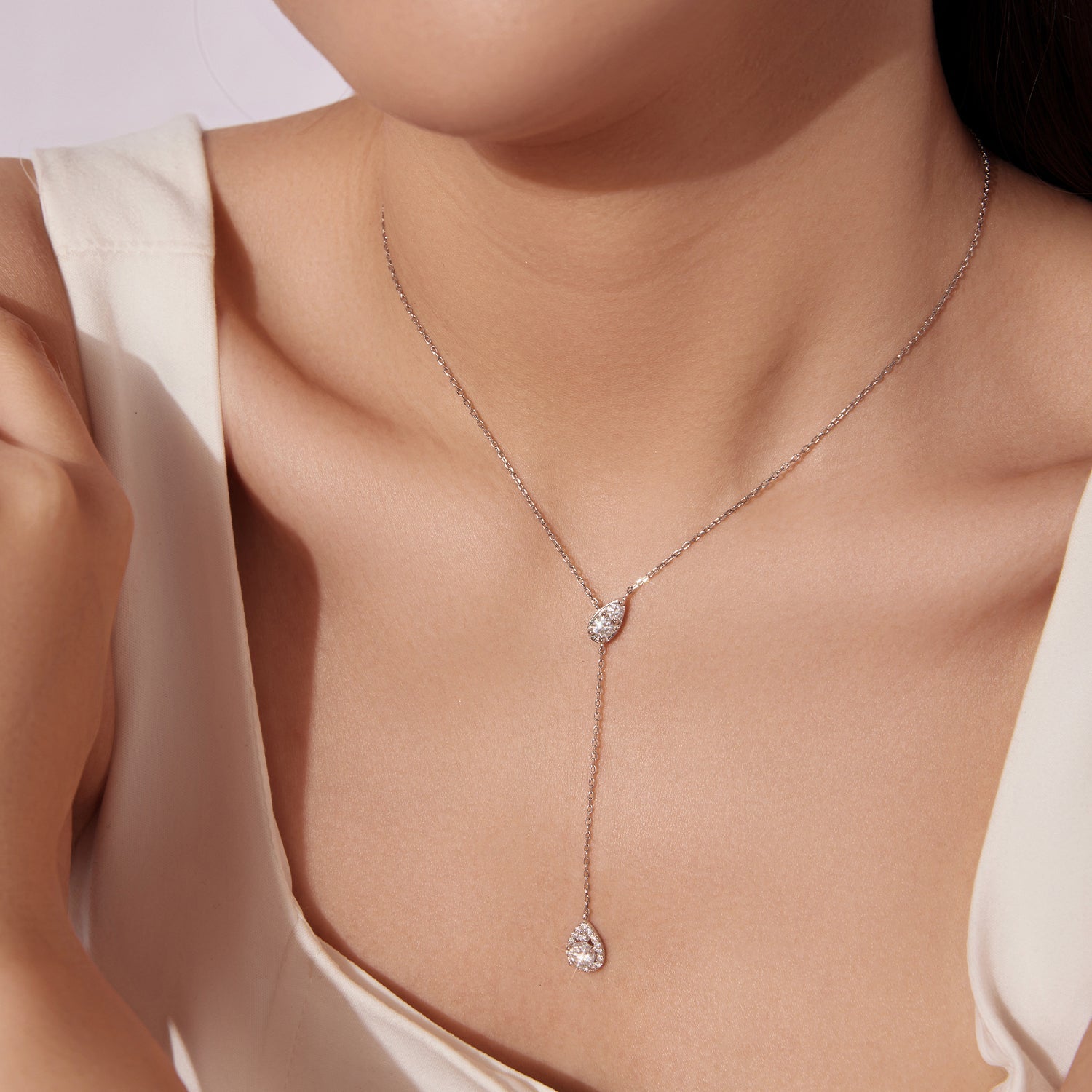 925 Sterling Silver Moissanite Necklace with 3 Stone Sizes, Y-shaped drop pendant on Tampa Home & Garden Store