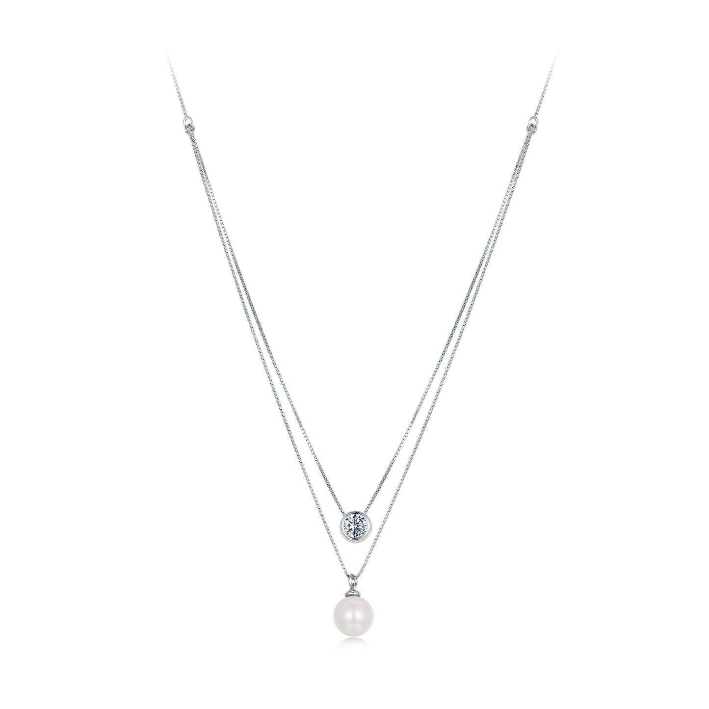 Sterling silver double-layer necklace with bezel moissanite and dangling shell pearl pendant on Tampa Home & Garden Store