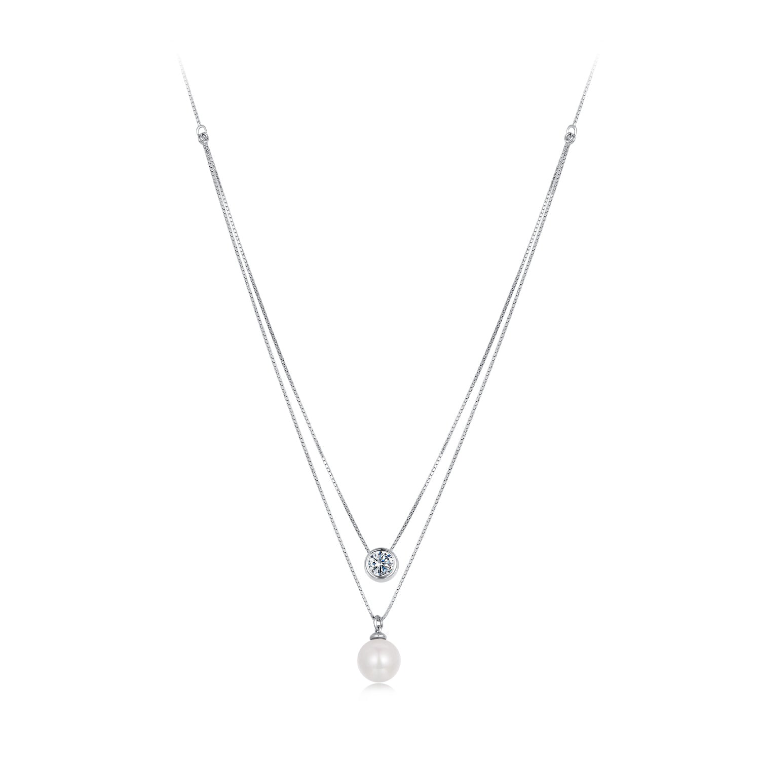 Sterling silver double-layer necklace with bezel moissanite and dangling shell pearl pendant on Tampa Home & Garden Store
