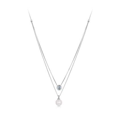 Sterling silver double-layer necklace with bezel moissanite and dangling shell pearl pendant on Tampa Home & Garden Store