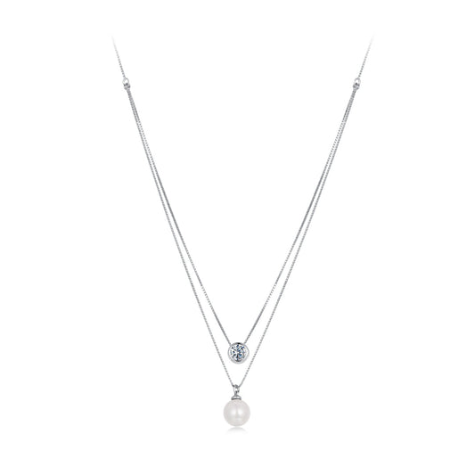 Sterling silver double-layer necklace with bezel moissanite and dangling shell pearl pendant on Tampa Home & Garden Store