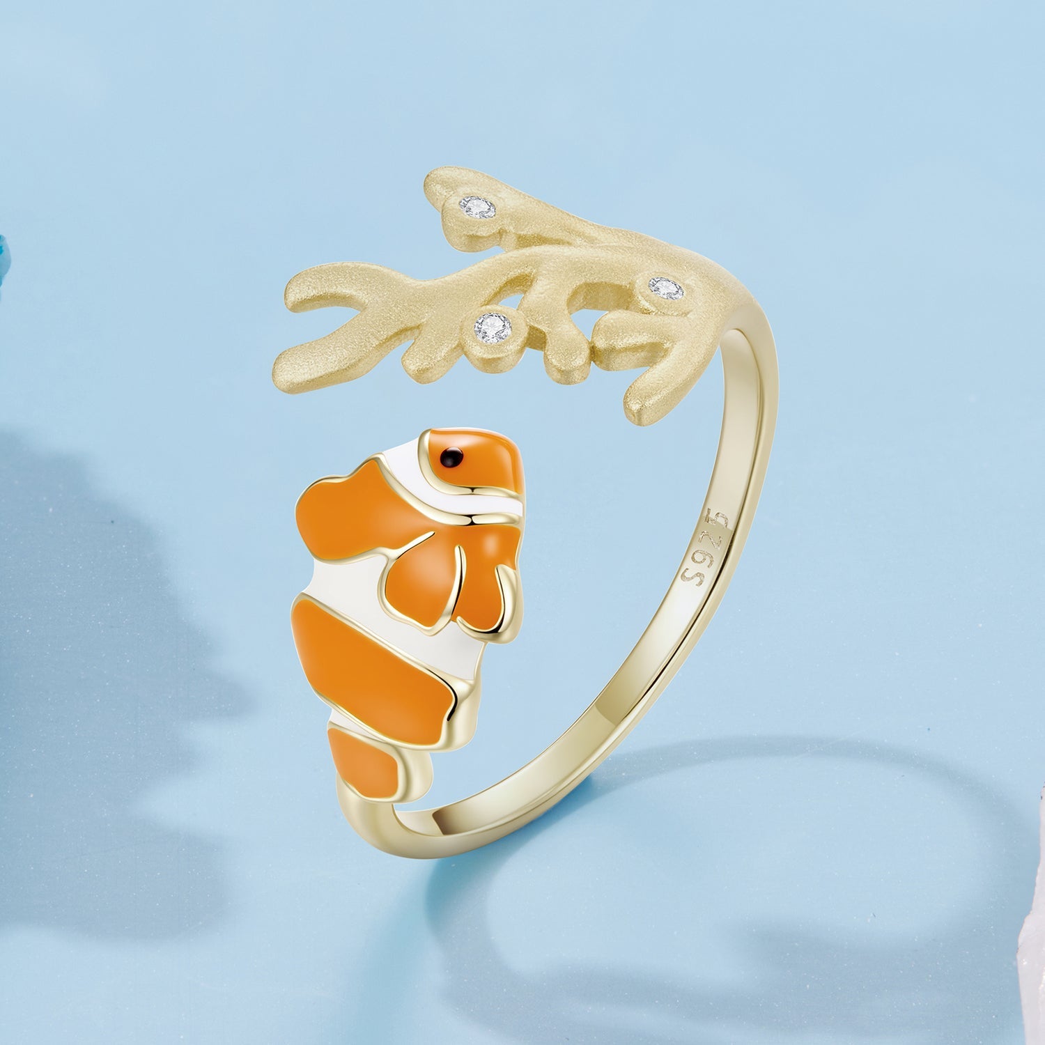 Gold-plated 925 ring with orange enamel clownfish and a textured gold coral branch with diamonds on Tampa Home & Garden Store