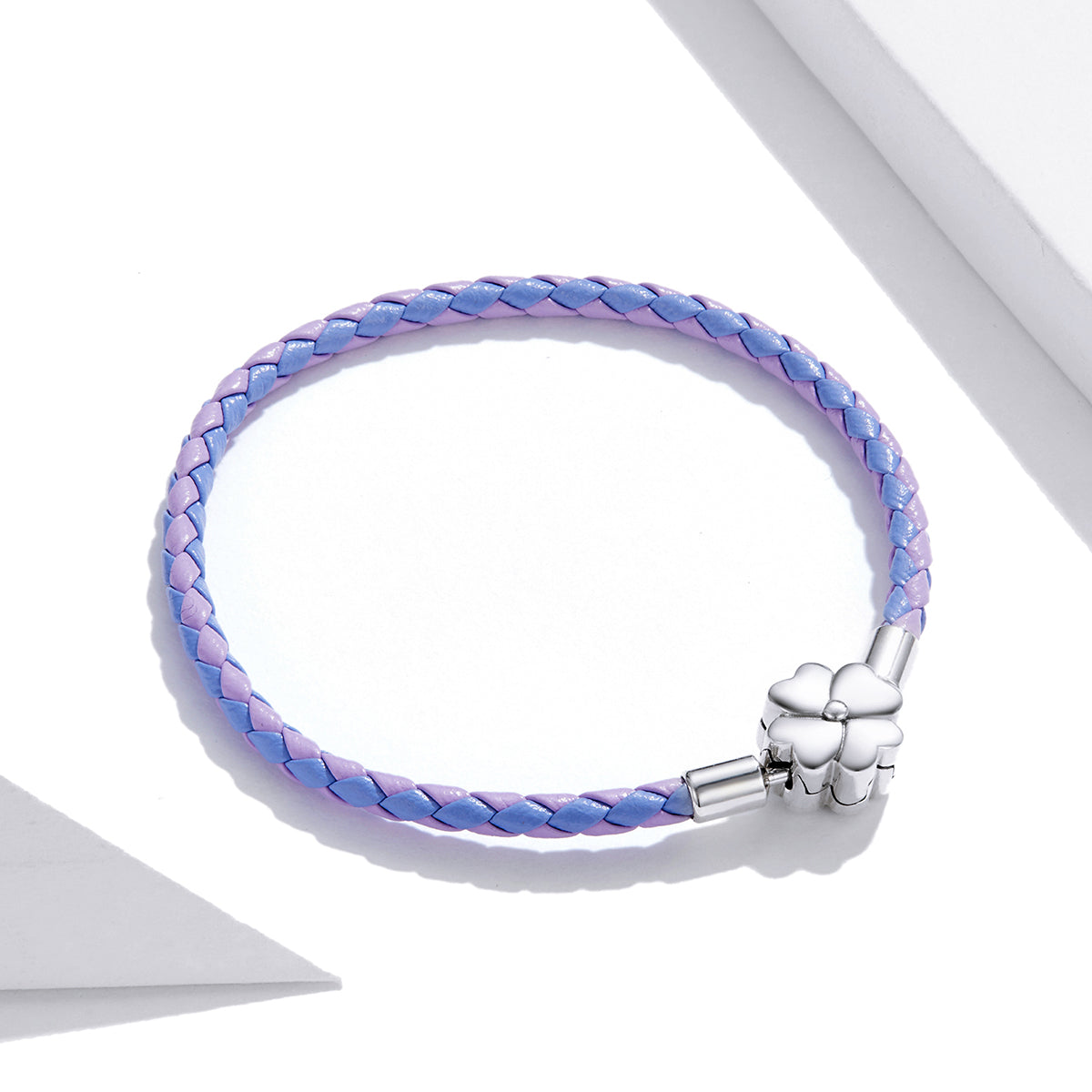 Bracelet 925 Sterling Silver oxidized leather lavender-blue braided with clover clasp 17cm on Tampa Home & Garden Store