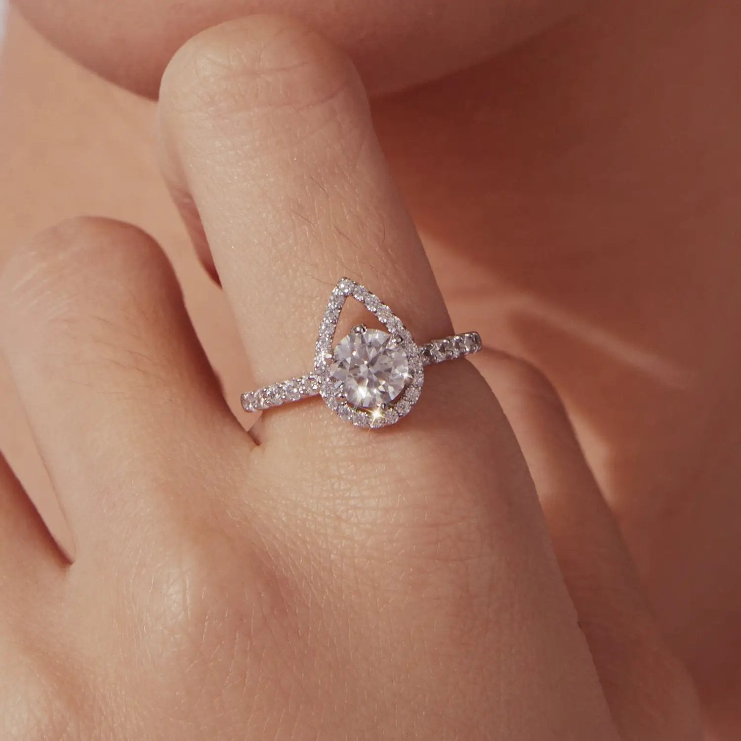 925 Sterling Silver Moissanite Ring with pear halo, 1ct center, pave band, size 6 Bids.com on Tampa Home & Garden Store