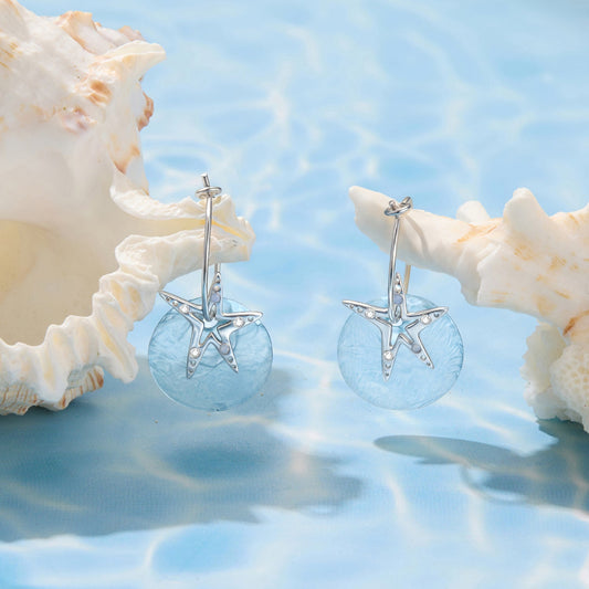 Earrings pair 925 Sterling Silver with nano opal and CZ, blue disc starfish motif, white gold on Tampa Home & Garden Store