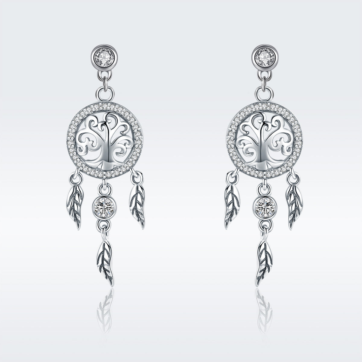 925 Sterling Silver Oxidized Pavé CZ Earrings pair with circular pavé frame and dangling leaf charms on Tampa Home & Garden Store