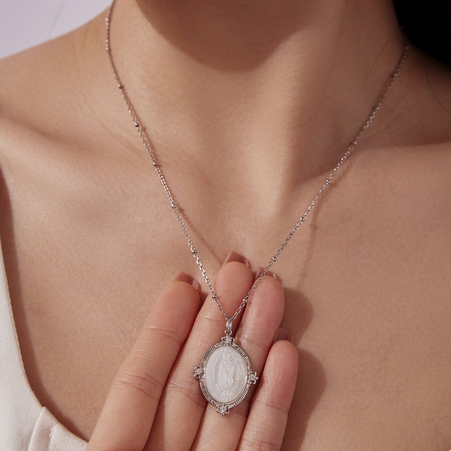 925 Sterling Silver Necklace with White Gold Plating, CZ & Mother of Pearl pendant on Tampa Home & Garden Store