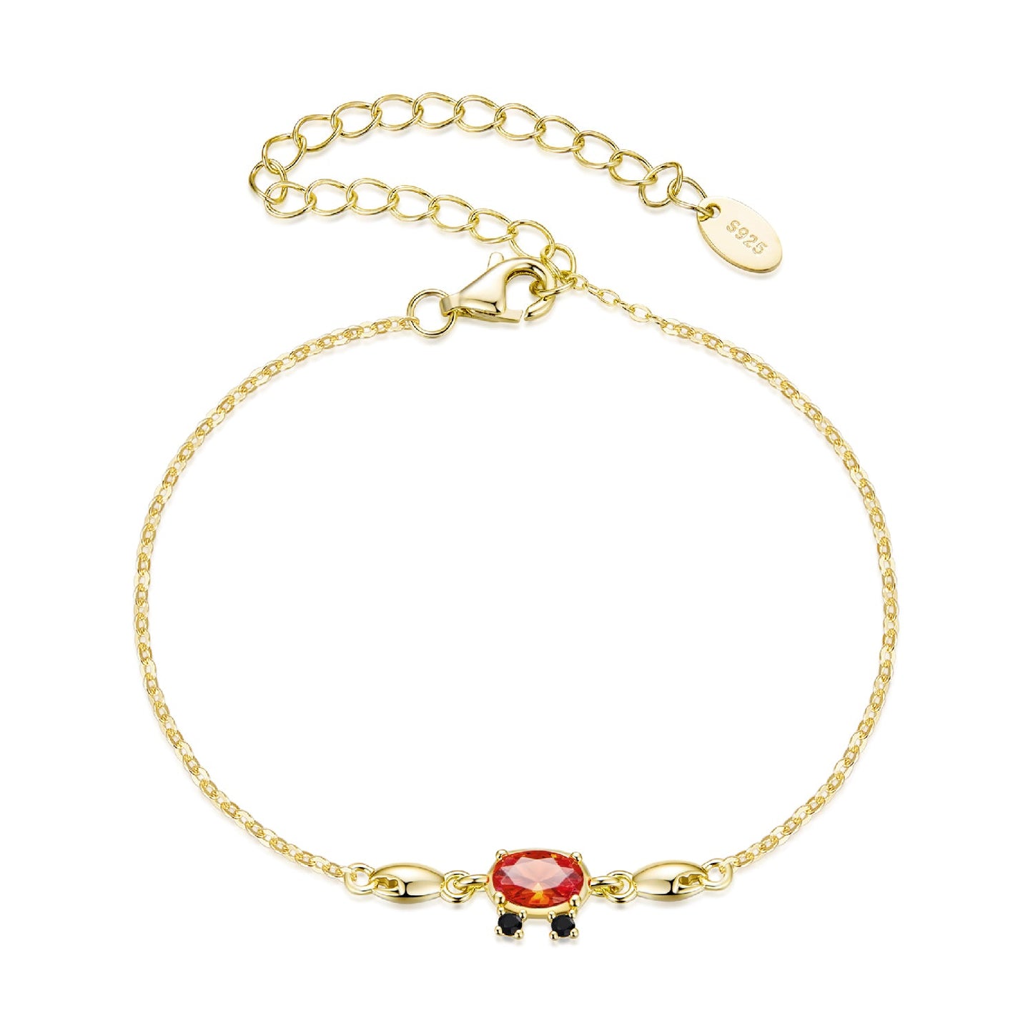 Bracelet gold plated 925 silver with red central CZ and small black accents, 15+6cm for Women on Tampa Home & Garden Store