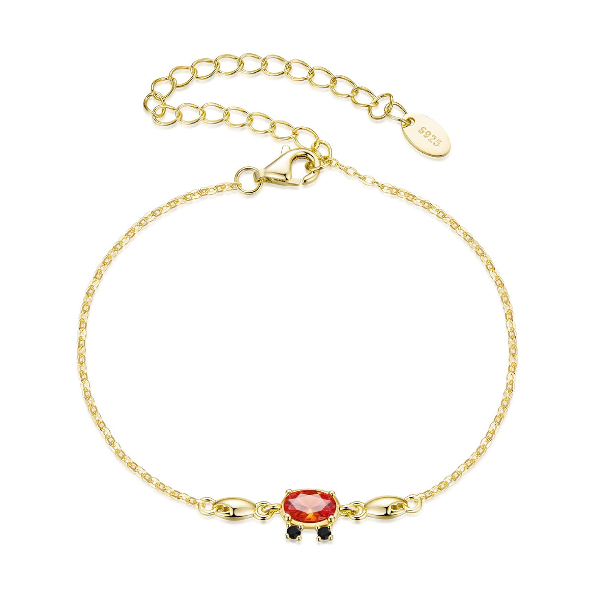 Bracelet gold plated 925 silver with red central CZ and small black accents, 15+6cm for Women on Tampa Home & Garden Store